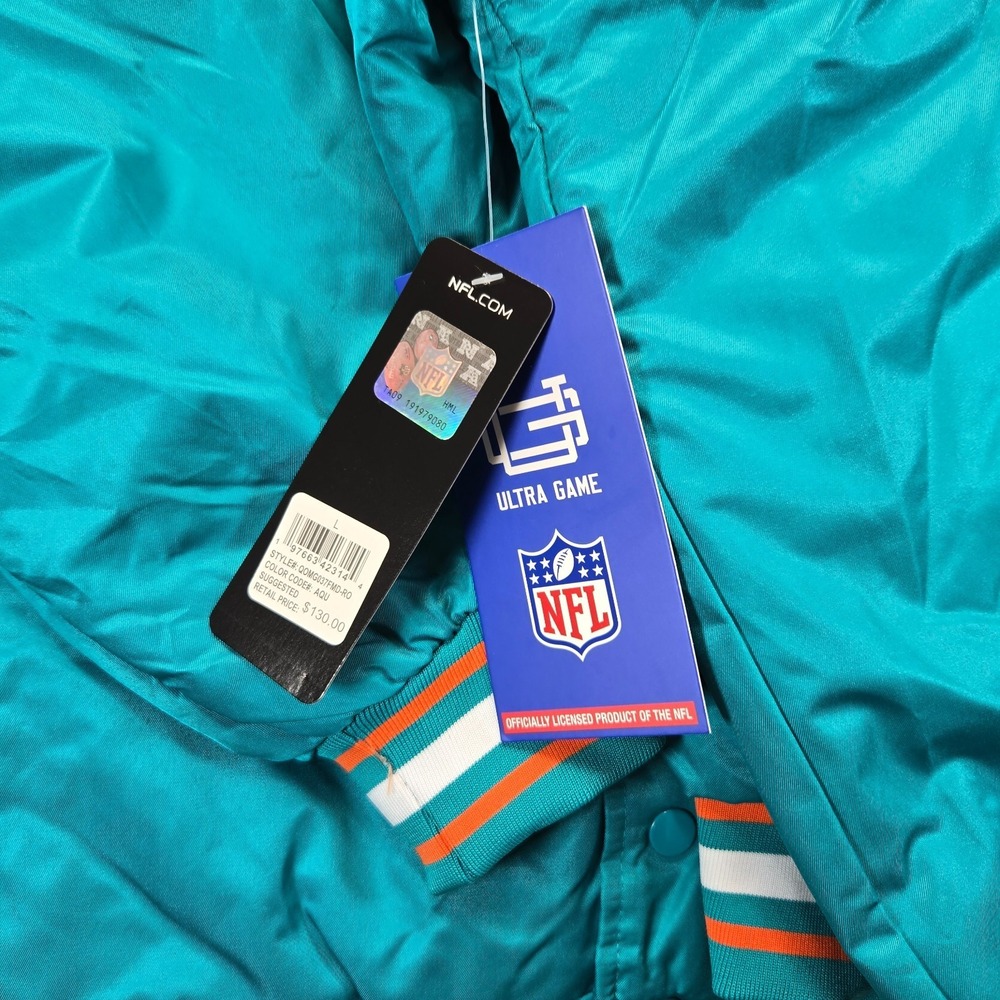Miami Dolphins NFL Satin Bomber Jacket Ultra Game Mens Size L New With Tags - Picture 3 of 7